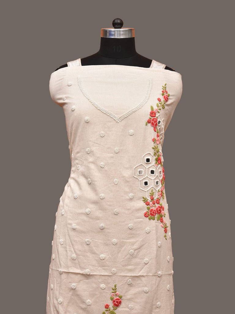 White Hand Embroidary Cotton Kurta with Floral and Mirror Work Design f0222