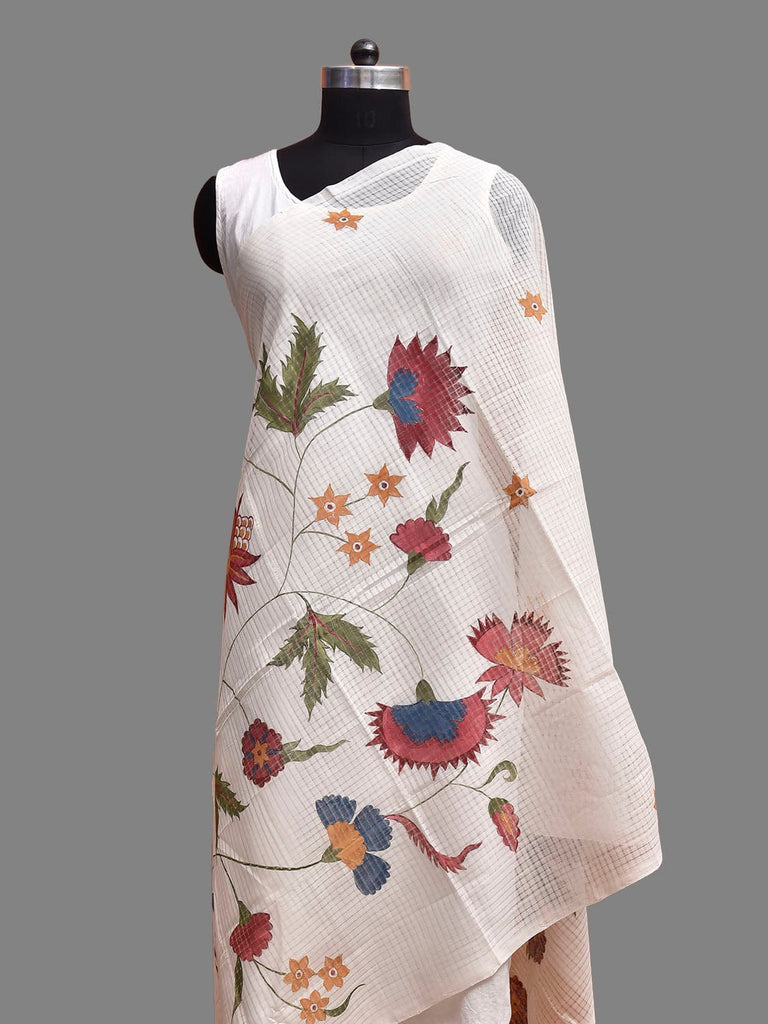 White Hand Painted Kota Cotton Dupatta with Floral Design ds3888