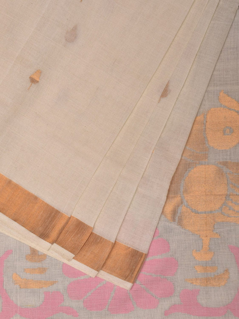 White Khadi Cotton Handloom Saree with Parrots Pallu Design Kh0305