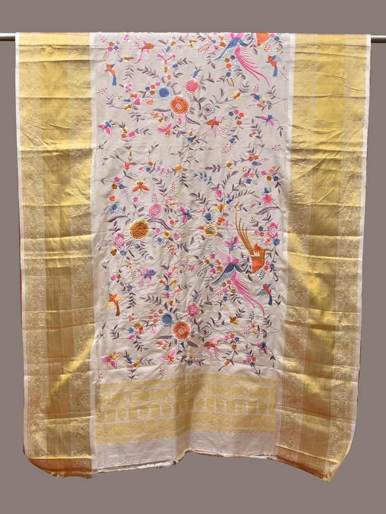 White Parsi Gara Handwork Kanchipuram Silk Handloom Dupatta with Border Design ds3290