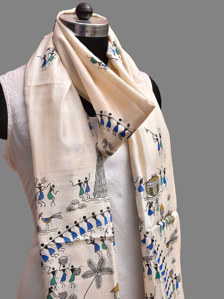 White Warli Print Cotton Silk Stole with Village and Sun Design ds3904