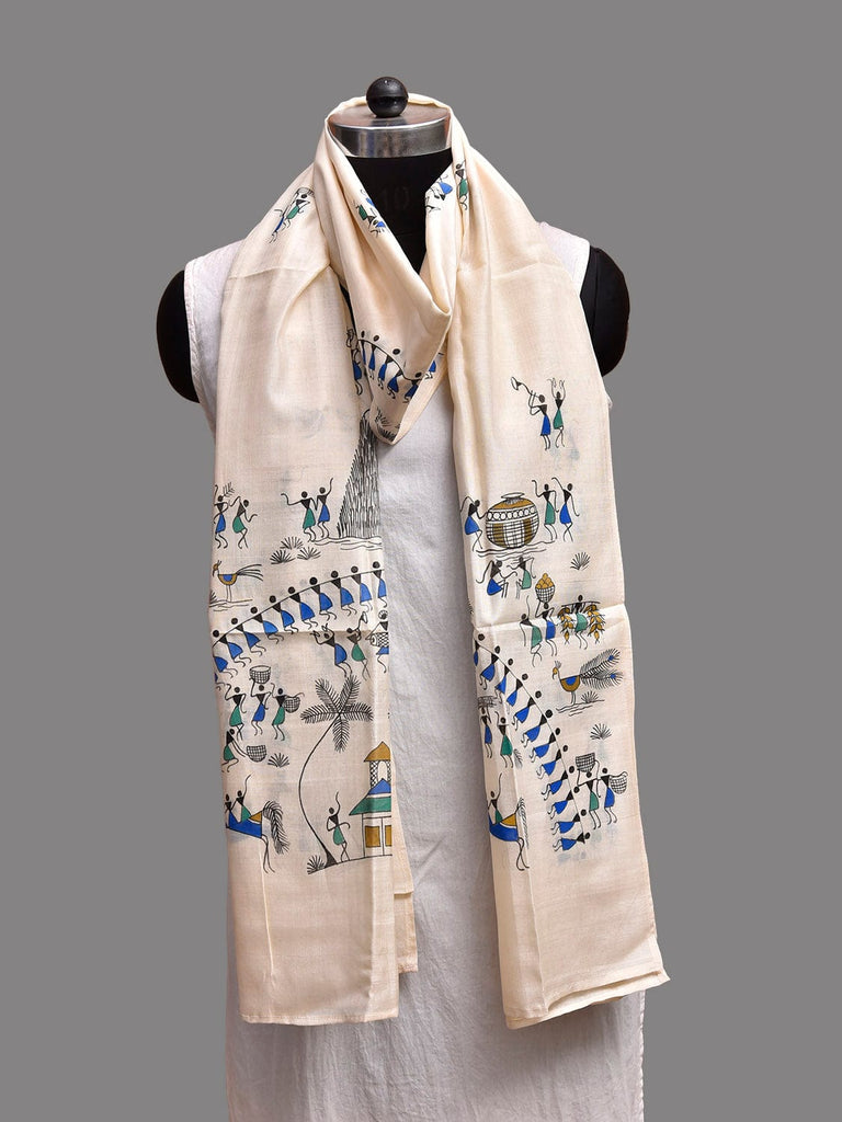 White Warli Print Cotton Silk Stole with Village and Sun Design ds3904