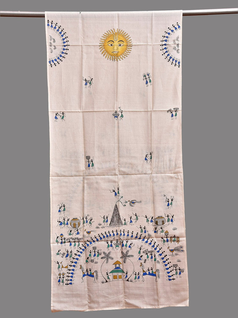 White Warli Print Cotton Silk Stole with Village and Sun Design ds3904