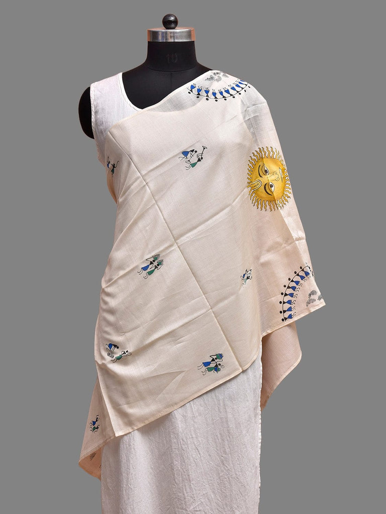 White Warli Print Cotton Silk Stole with Village and Sun Design ds3904
