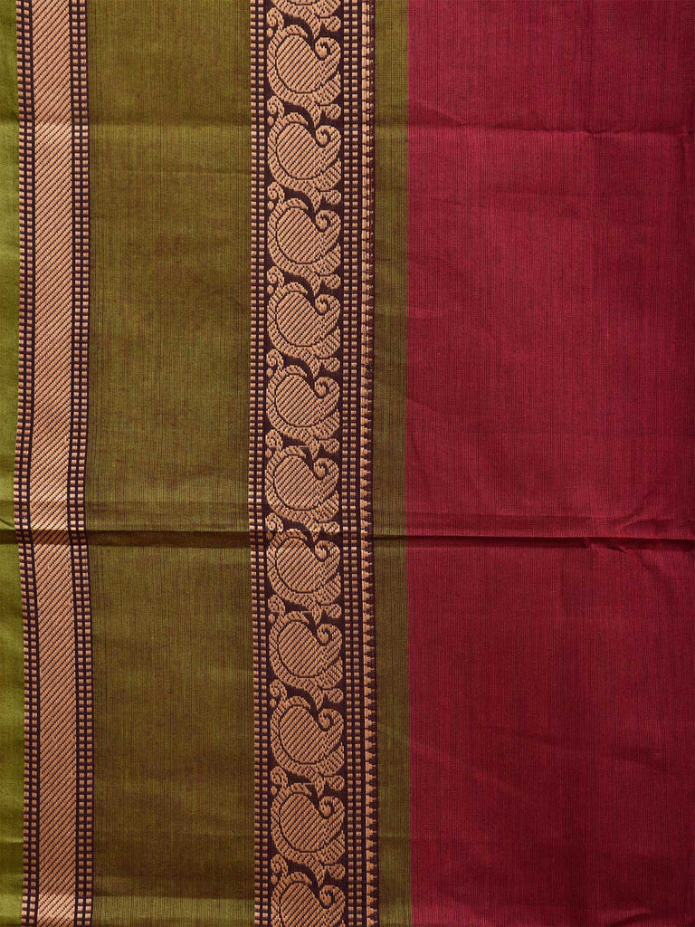 Wine and Green Kanchipuram 80s Cotton Plain Saree with Mango Border Design No Blouse k0660