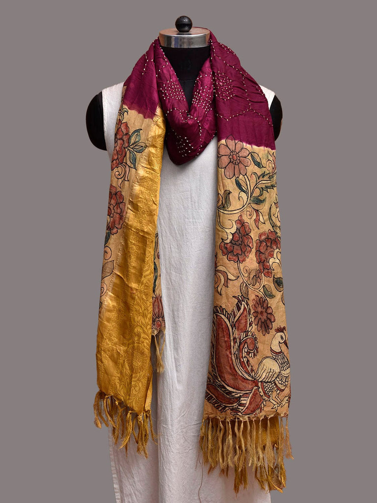 Wine and Yellow Bandhani Kanchipuram Silk Dupatta with Hand Kalamkari Design ds3865