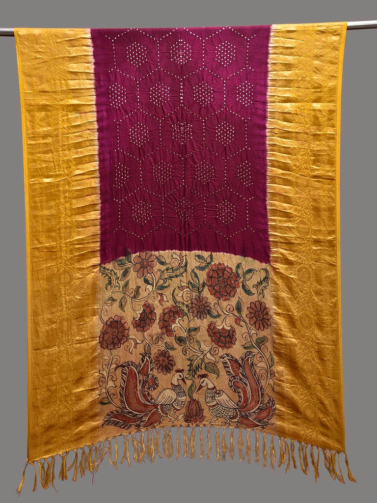 Wine and Yellow Bandhani Kanchipuram Silk Dupatta with Hand Kalamkari Design ds3865