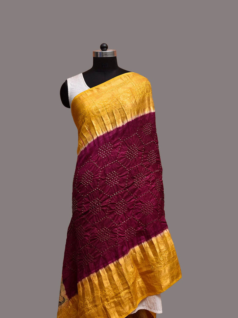 Wine and Yellow Bandhani Kanchipuram Silk Dupatta with Hand Kalamkari Design ds3865