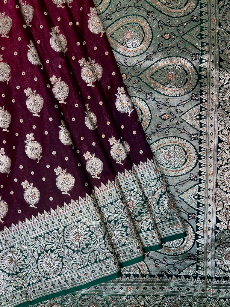 Wine Banaras Katan Silk Saree with Body Butti and Border Design b0365s