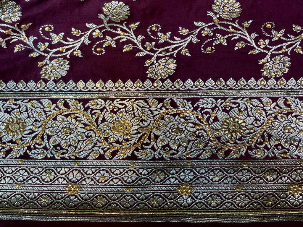 Wine Banaras Katan Silk Saree with Body Butti and Stone Work Design b0373ds