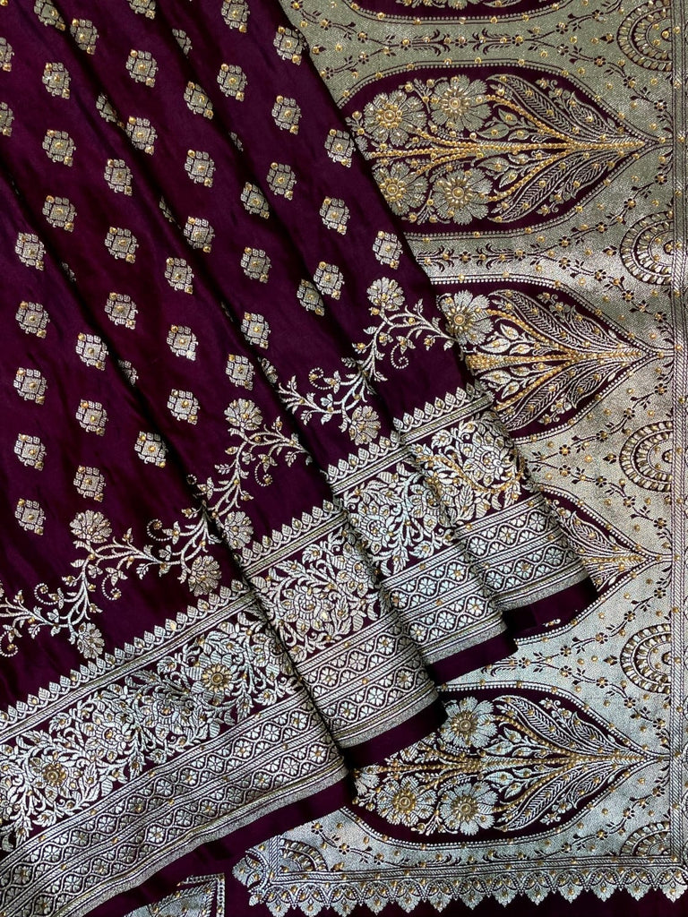 Wine Banaras Katan Silk Saree with Body Butti and Stone Work Design b0373ds