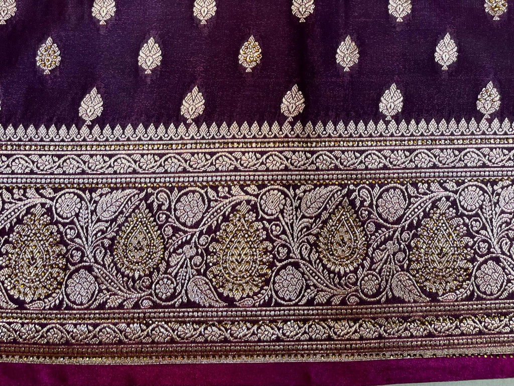 Wine Banaras Katan Silk Saree with Body Butti and Stone Work Design b0380ds