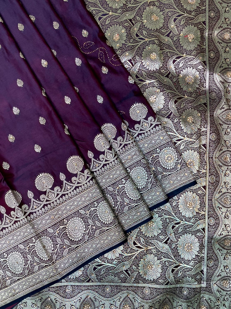 Wine Banaras Katan Silk Saree with Body Butti and Work Design b0385ds