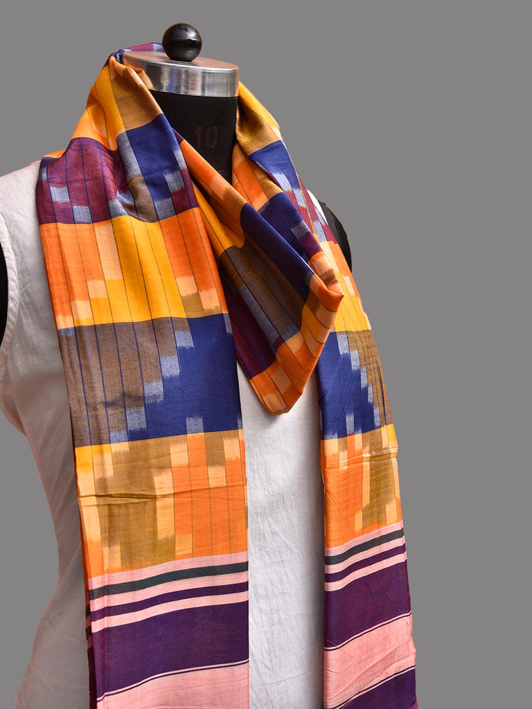 Yellow and Blue Ikat Cotton Silk Dupatta with Zig-Zag Design ds3925