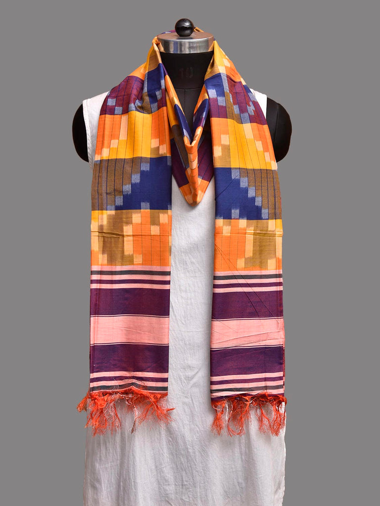 Yellow and Blue Ikat Cotton Silk Dupatta with Zig-Zag Design ds3925