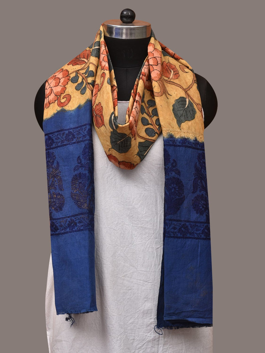 Yellow and Blue Kalamkari Hand Painted Cotton Tussar Cotton Handloom D ...