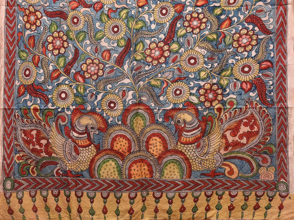Yellow and Blue Kalamkari Silk Handloom Saree with Floral and Peacocks Pallu Design KL0746