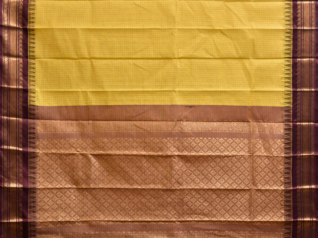 Yellow and Brown Gadwal Cotton Body Saree with Checks and Viscose Border and Pallu Design No Blouse g0569