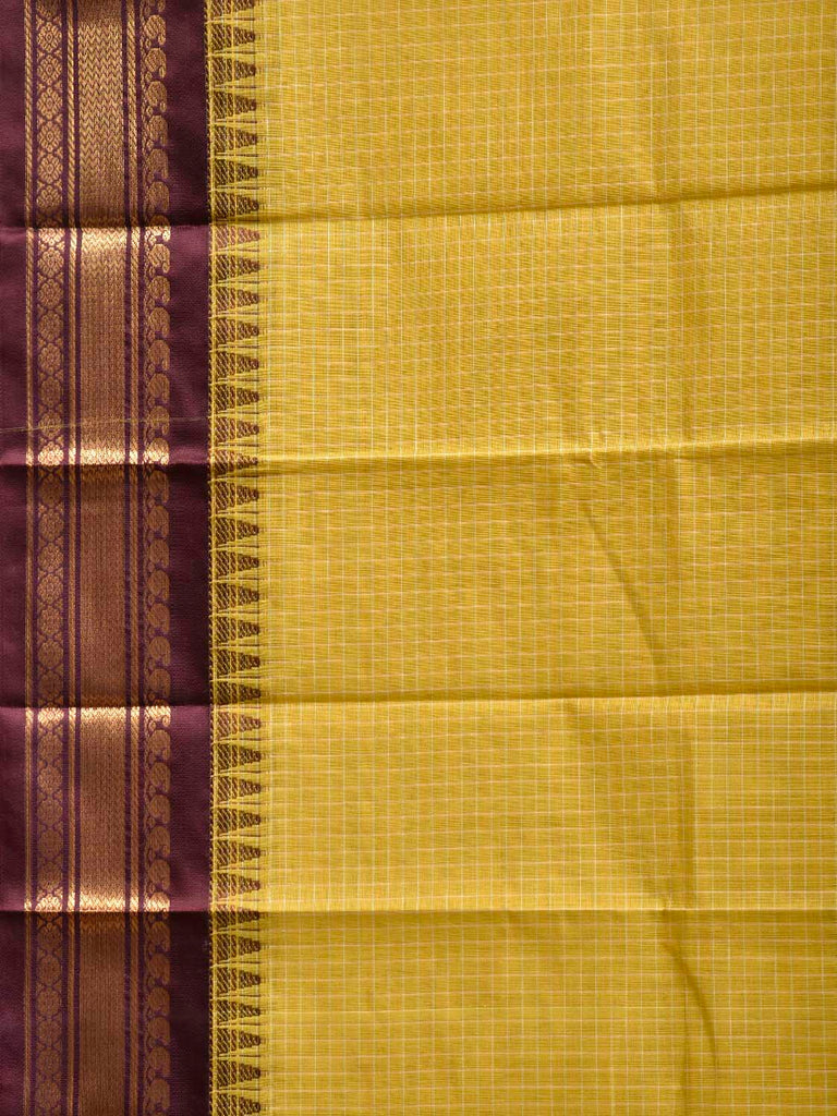 Yellow and Brown Gadwal Cotton Body Saree with Checks and Viscose Border and Pallu Design No Blouse g0569