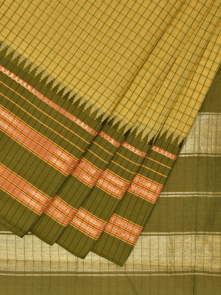 Yellow and Green Bamboo Cotton Viscose Silk Saree with Checks Design No Blouse bc0500