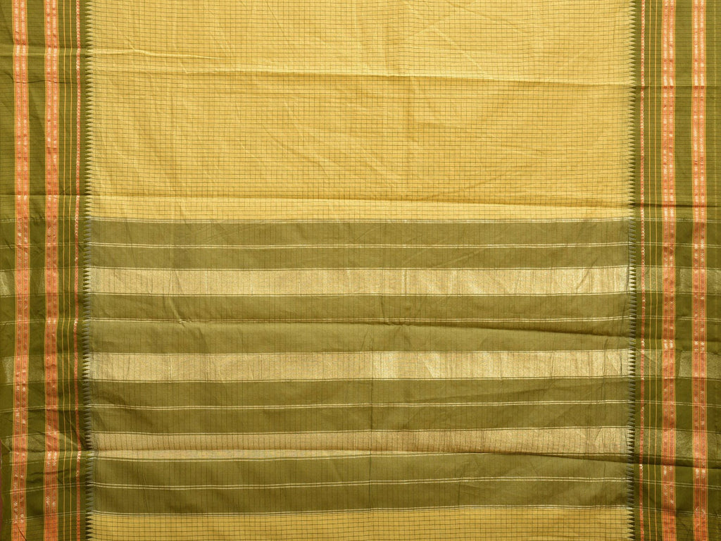 Yellow and Green Bamboo Cotton Viscose Silk Saree with Checks Design No Blouse bc0500