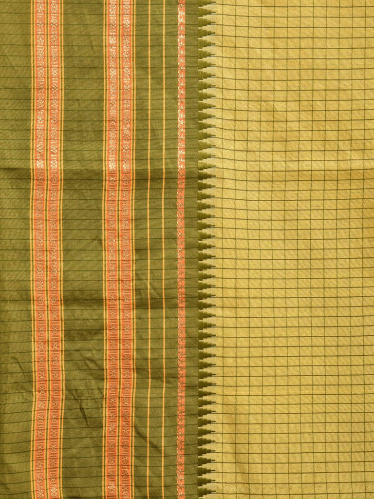Yellow and Green Bamboo Cotton Viscose Silk Saree with Checks Design No Blouse bc0500