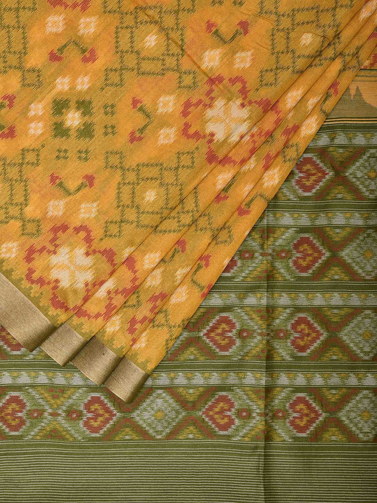 Yellow and Green Ikat Jacquard Viscose Silk Saree with All Over Design o0514