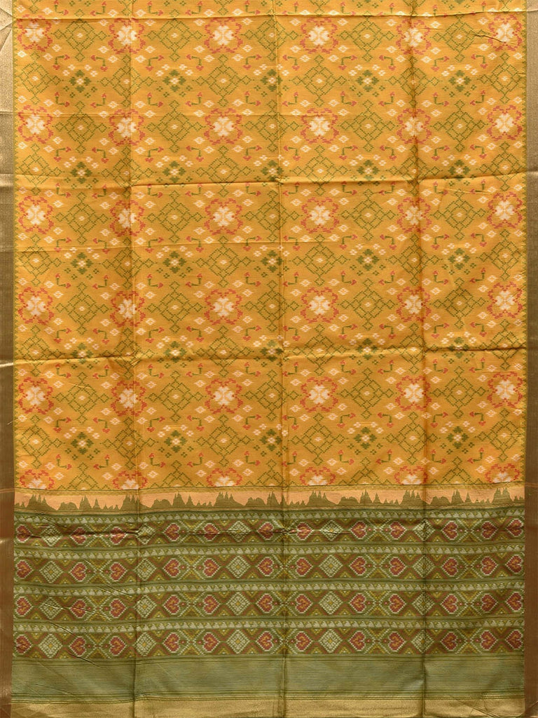 Yellow and Green Ikat Jacquard Viscose Silk Saree with All Over Design o0514