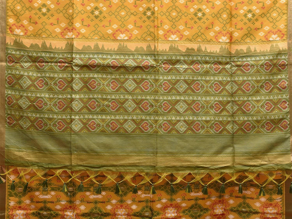 Yellow and Green Ikat Jacquard Viscose Silk Saree with All Over Design o0514