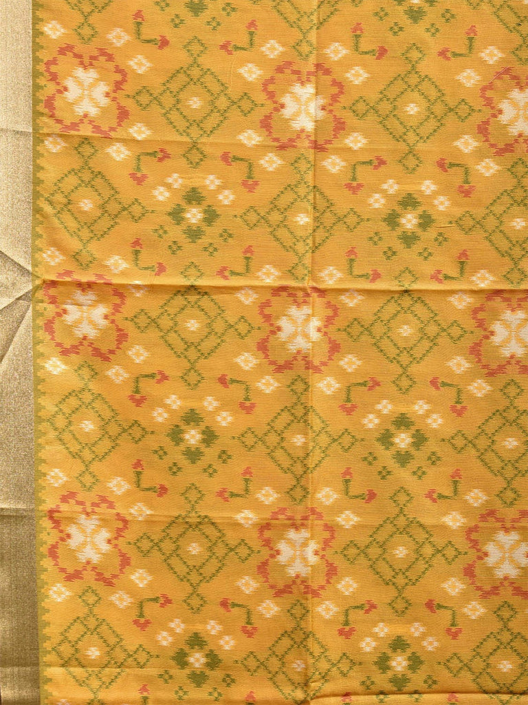 Yellow and Green Ikat Jacquard Viscose Silk Saree with All Over Design o0514