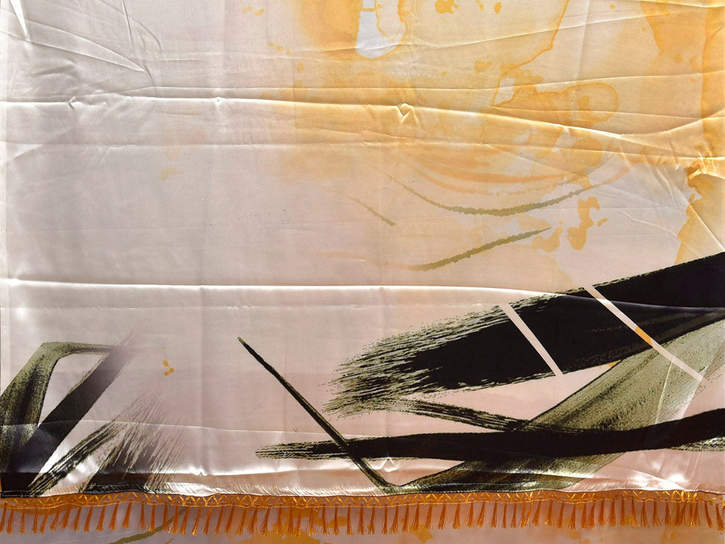 Yellow and Light Grey Digital Print Satin Saree with Abstract Design o0674