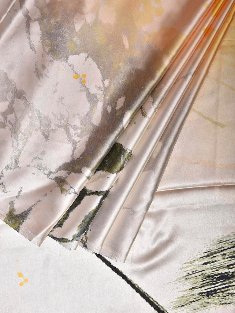 Yellow and Light Grey Digital Print Satin Saree with Abstract Design o0674