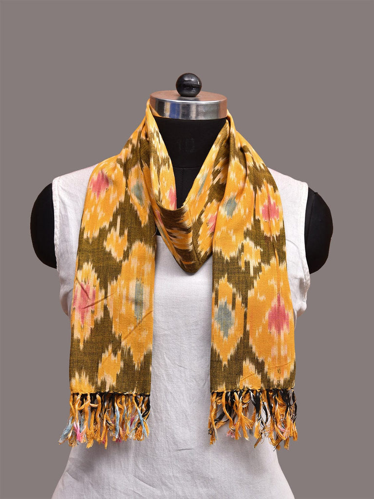 Yellow and Olive Pochampally Ikat Cotton Handloom Stole with Grill Design ds3658