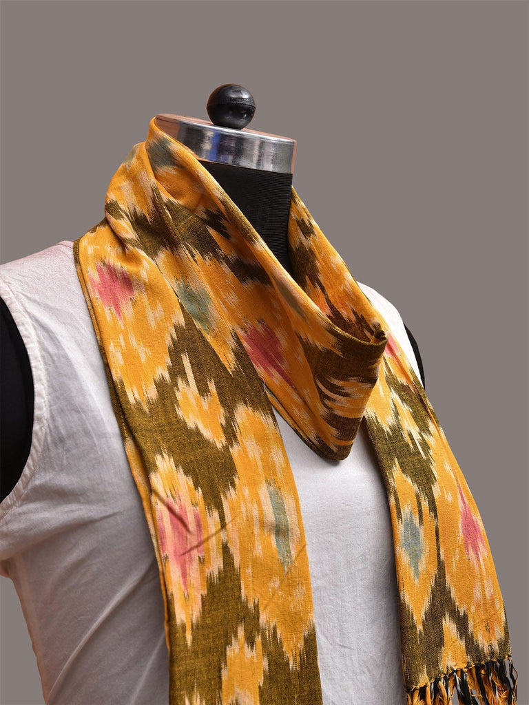 Yellow and Olive Pochampally Ikat Cotton Handloom Stole with Grill Design ds3658
