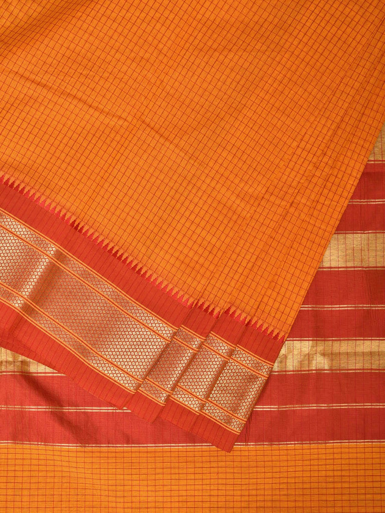 Yellow and Orange Bamboo Cotton Saree with Checks Design No Blouse bc0152