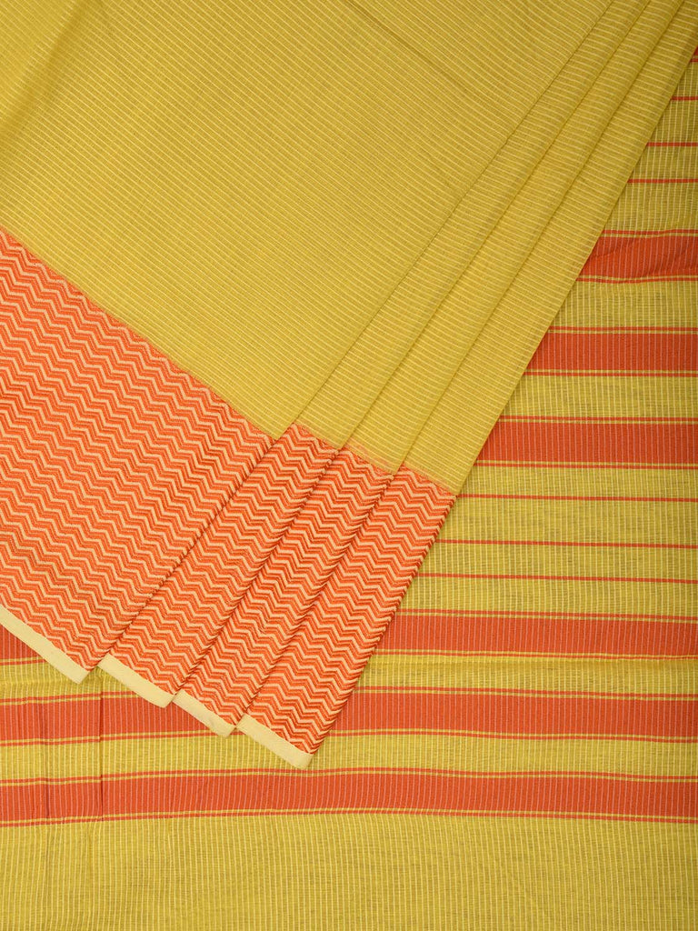 Yellow and Orange Bamboo Cotton Saree with Strips and Zig-Zag Border Design No Blouse bc0564
