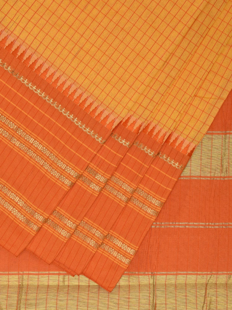 Yellow and Orange Bamboo Cotton Viscose Silk Saree with Checks Design No Blouse bc0375