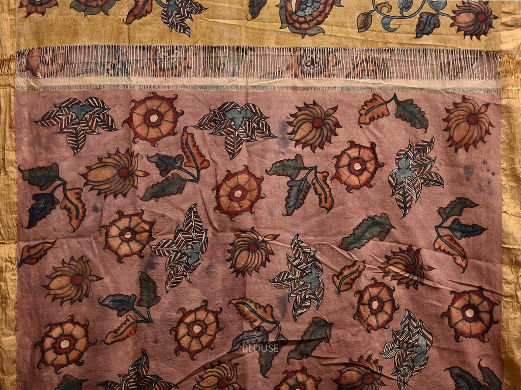 Yellow and Peach Kalamkari Hand Painted Cotton Saree with Floral Design KL0847