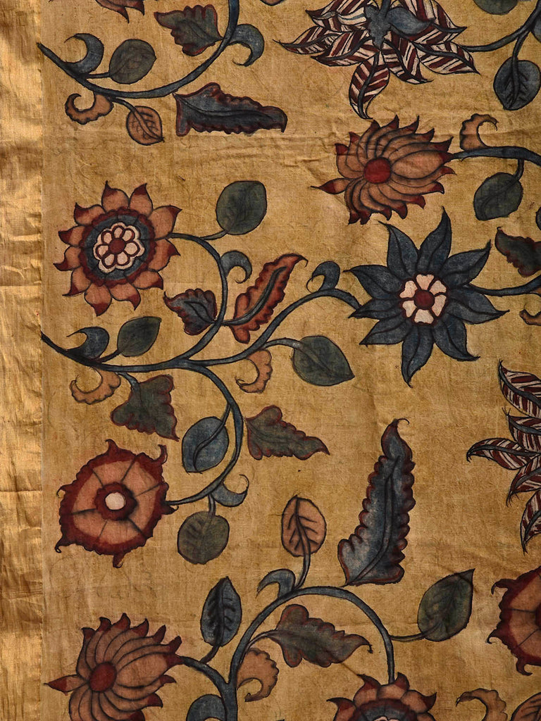 Yellow and Peach Kalamkari Hand Painted Cotton Saree with Floral Design KL0847
