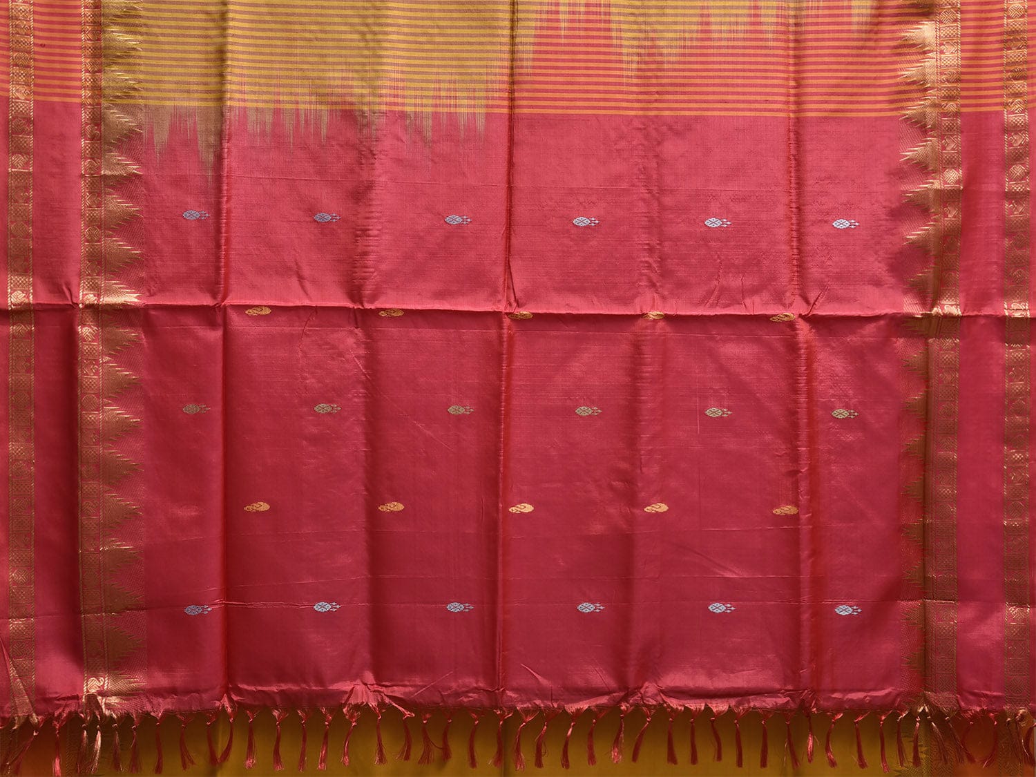 Buta Rangala Yellow and Pink Banana Silk Saree with Small Buta and Temple Border De ...