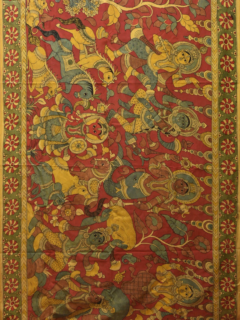 Yellow and Red Kalamkari Hand Painted Silk Handloom Saree with Ramayana Design KL0766