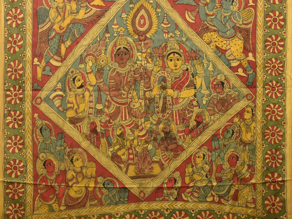 Yellow and Red Kalamkari Hand Painted Silk Handloom Saree with Ramayana Design KL0766