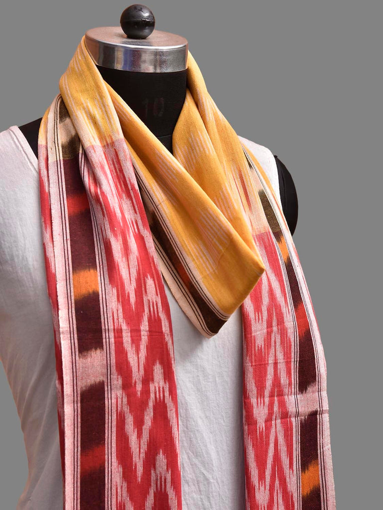 Yellow and Red Pochampally Ikat Cotton Handloom Dupatta with Strips and Zig-Zag Design ds3912