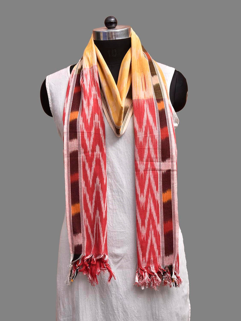 Yellow and Red Pochampally Ikat Cotton Handloom Dupatta with Strips and Zig-Zag Design ds3912