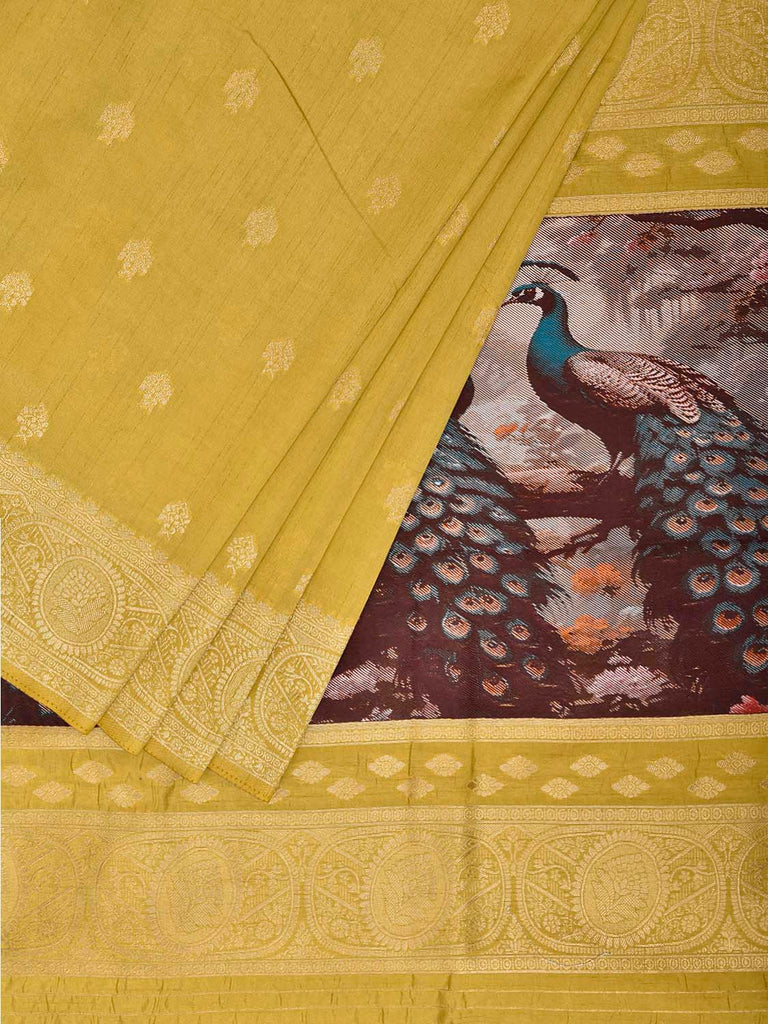 Yellow Banaras Katan Viscose Saree with Peacocks Pallu and Border Design b0320