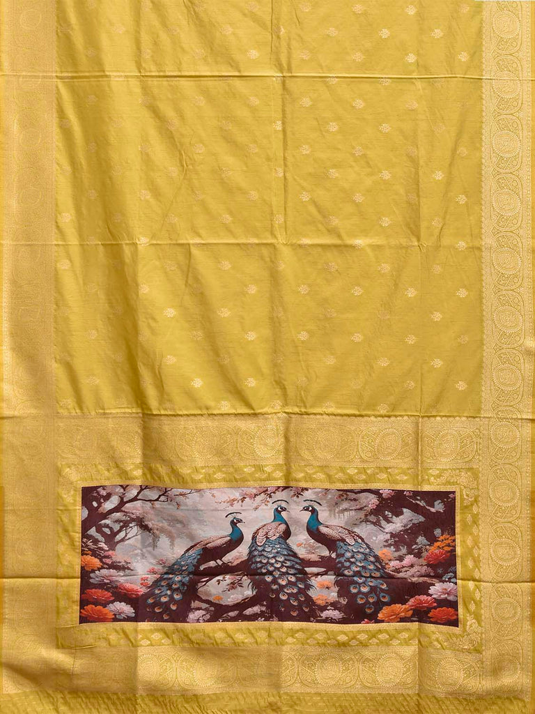 Yellow Banaras Katan Viscose Saree with Peacocks Pallu and Border Design b0320