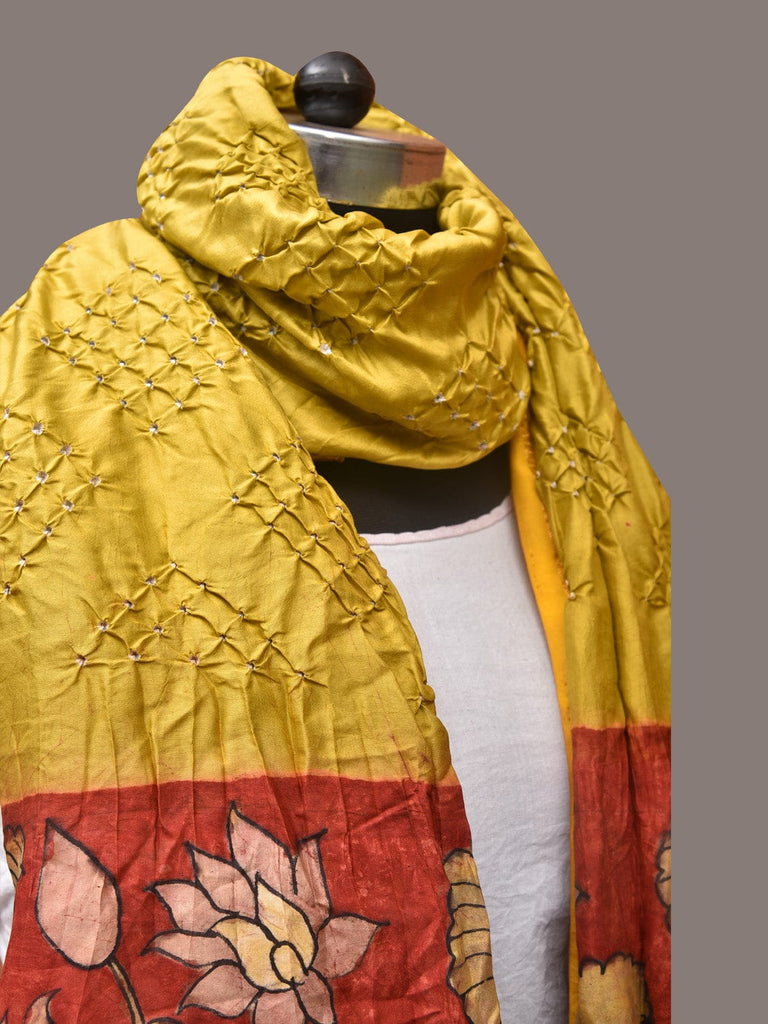 Yellow Bandhani Kanchipuram Silk Handloom Dupatta with Kalamkari Design ds3374