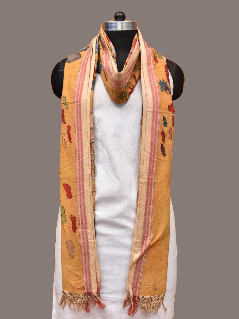 Yellow Kalamkari Hand Painted Cotton Handloom Dupatta with Village Theme and Doby Border Design ds3326