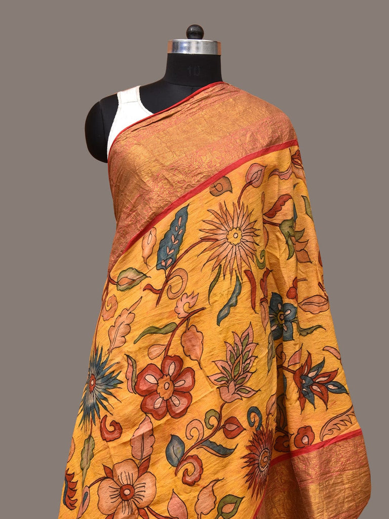 Yellow Kalamkari Hand Painted Kanchipuram Silk Handloom Dupatta with Floral Design ds3284