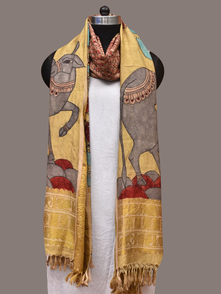 Yellow Kalamkari Hand Painted Kanchipuram Silk Handloom Dupatta with Krishna Design ds3487